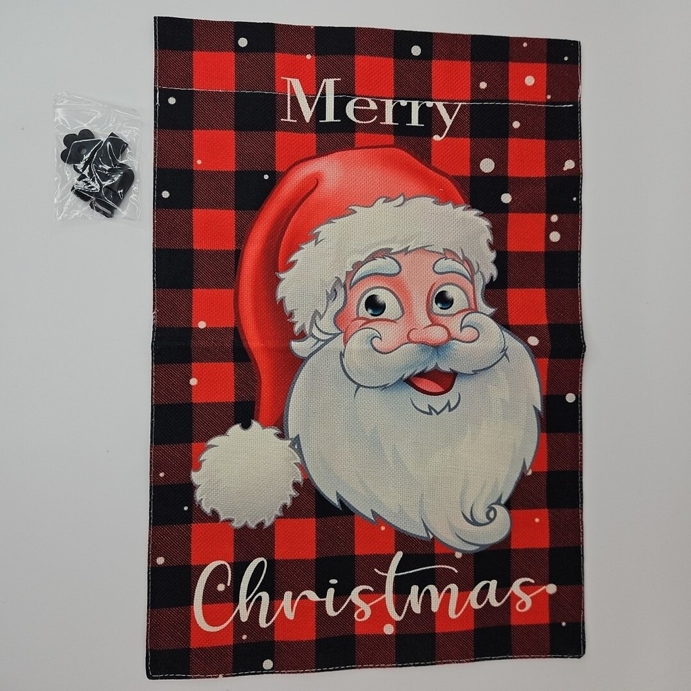 Merry Christmas Santa Claus Garden Flag 12"x18" Plaid Red Black New - Picture 1 of 1